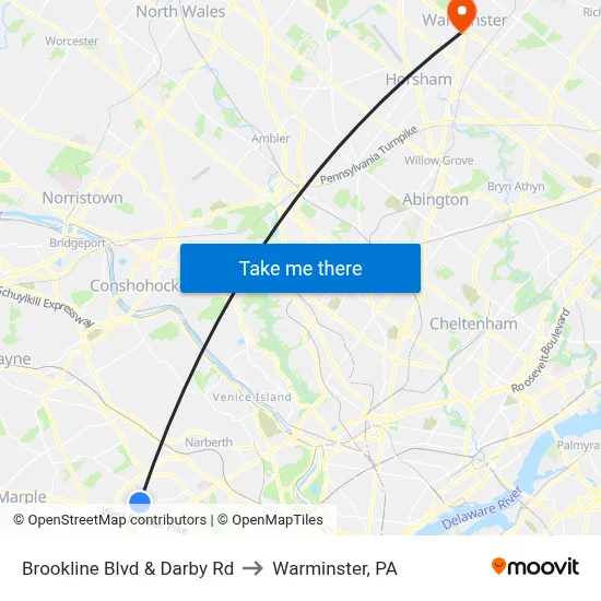 Brookline Blvd & Darby Rd to Warminster, PA map
