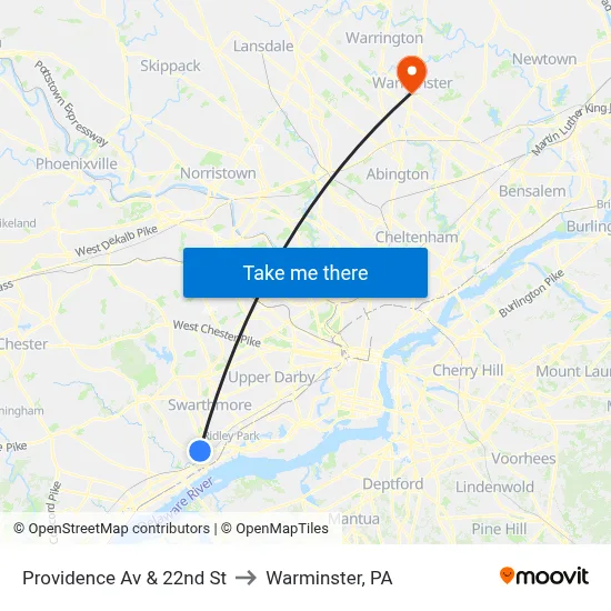 Providence Av & 22nd St to Warminster, PA map