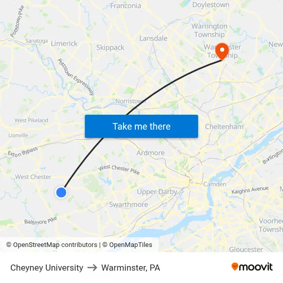 Cheyney University to Warminster, PA map