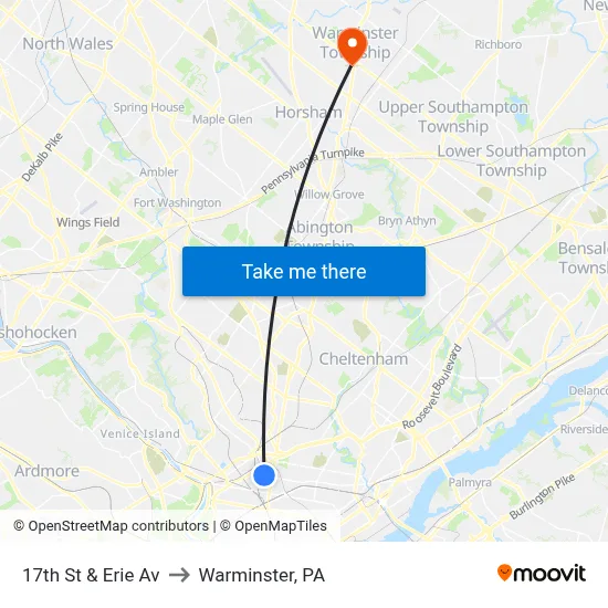 17th St & Erie Av to Warminster, PA map