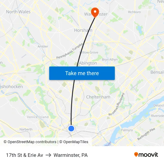 17th St & Erie Av to Warminster, PA map