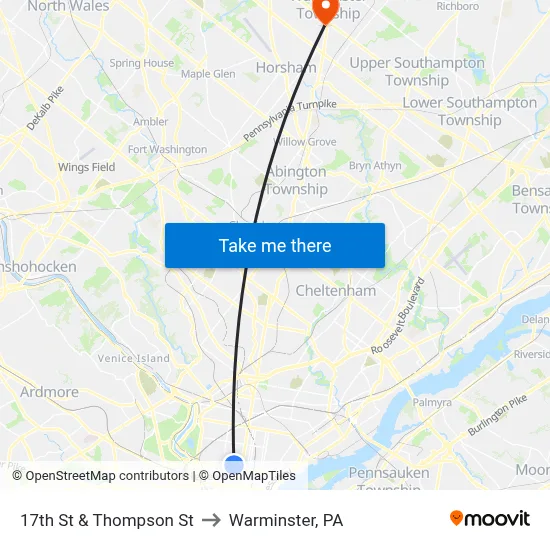 17th St & Thompson St to Warminster, PA map