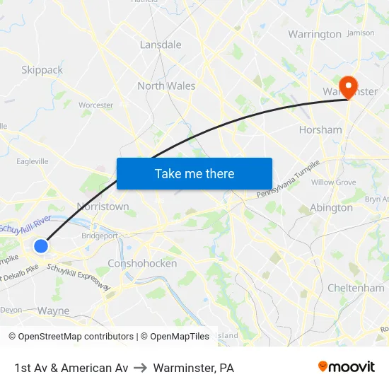 1st Av & American Av to Warminster, PA map