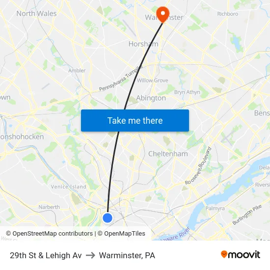 29th St & Lehigh Av to Warminster, PA map