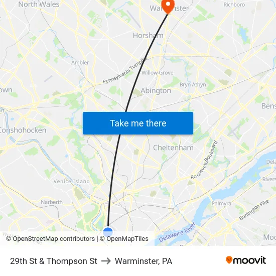 29th St & Thompson St to Warminster, PA map