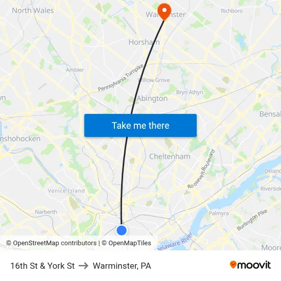 16th St & York St to Warminster, PA map