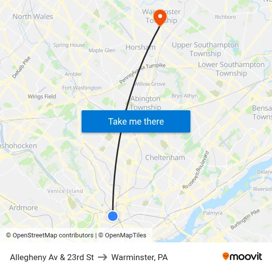 Allegheny Av & 23rd St to Warminster, PA map