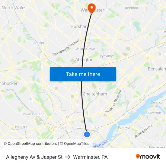 Allegheny Av & Jasper St to Warminster, PA map
