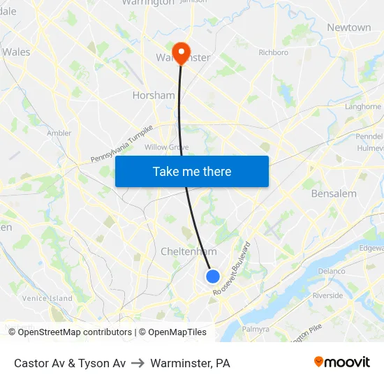 Castor Av & Tyson Av to Warminster, PA map