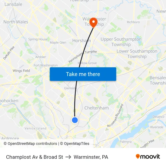 Champlost Av & Broad St to Warminster, PA map