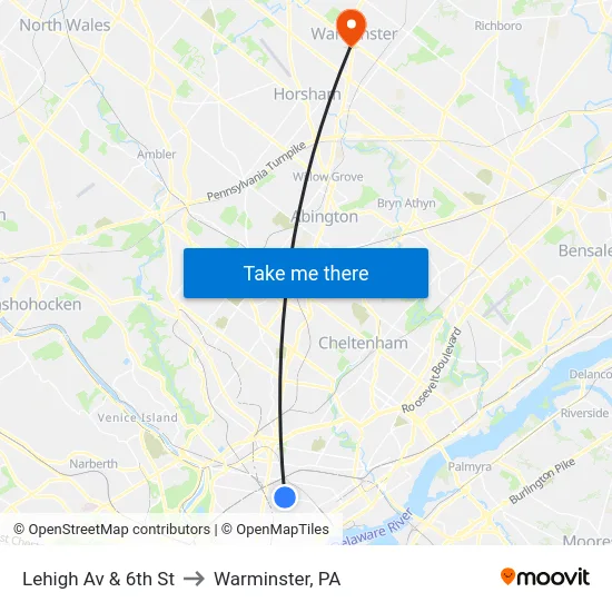 Lehigh Av & 6th St to Warminster, PA map