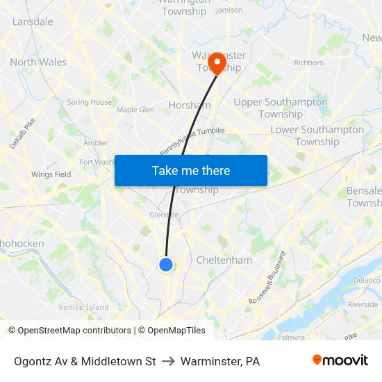 Ogontz Av & Middletown St to Warminster, PA map