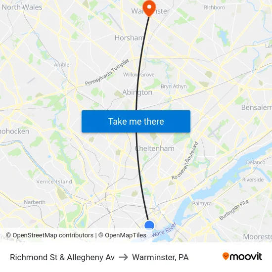 Richmond St & Allegheny Av to Warminster, PA map