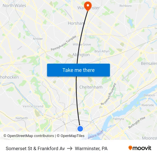 Somerset St & Frankford Av to Warminster, PA map