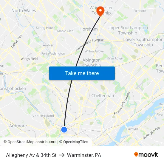 Allegheny Av & 34th St to Warminster, PA map