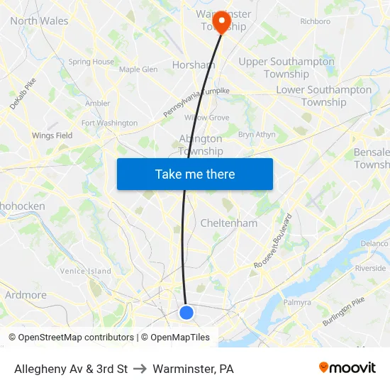 Allegheny Av & 3rd St to Warminster, PA map