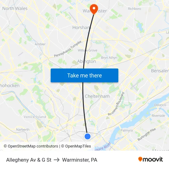Allegheny Av & G St to Warminster, PA map