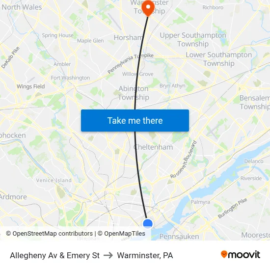 Allegheny Av & Emery St to Warminster, PA map
