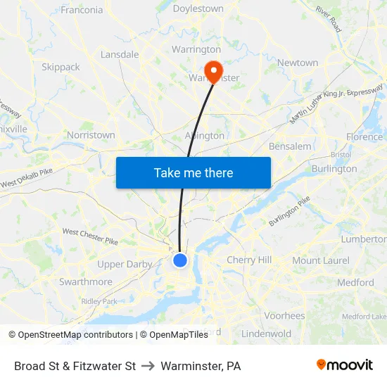 Broad St & Fitzwater St to Warminster, PA map