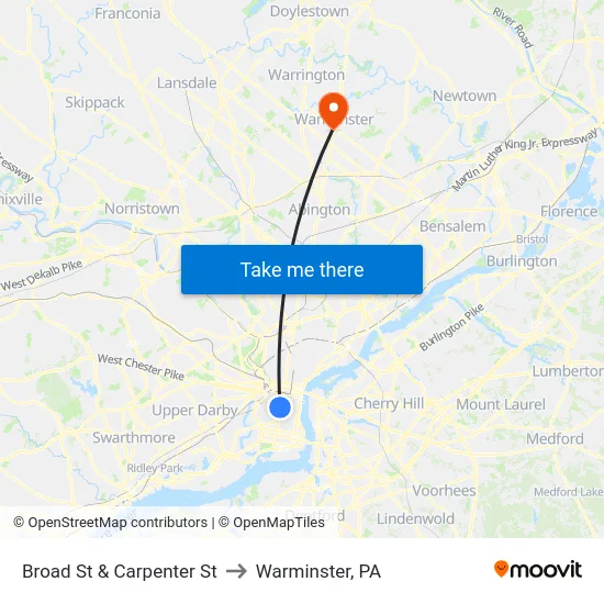 Broad St & Carpenter St to Warminster, PA map