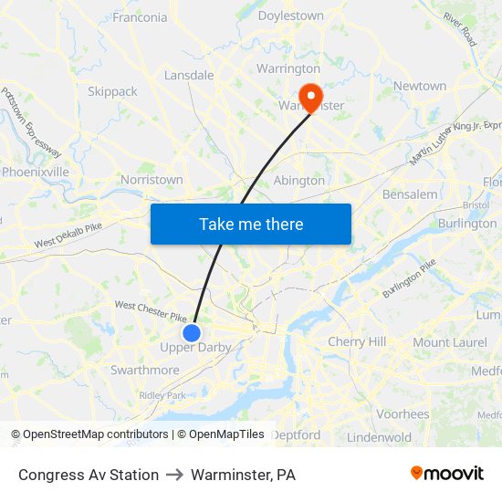 Congress Av Station to Warminster, PA map