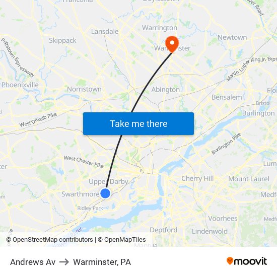 Andrews Av to Warminster, PA map