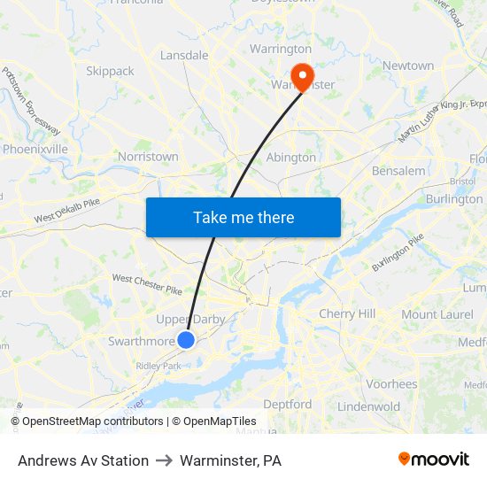 Andrews Av Station to Warminster, PA map