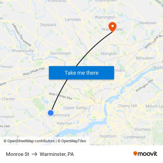 Monroe St to Warminster, PA map