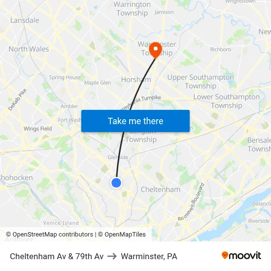 Cheltenham Av & 79th Av to Warminster, PA map