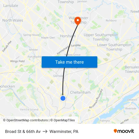 Broad St & 66th Av to Warminster, PA map