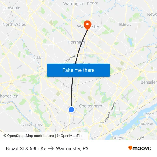 Broad St & 69th Av to Warminster, PA map