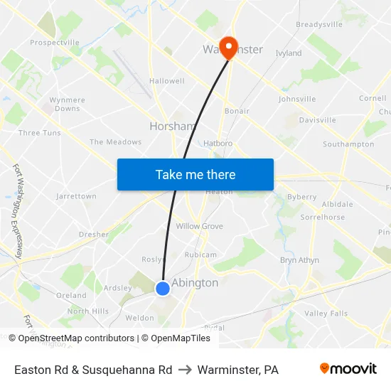 Easton Rd & Susquehanna Rd to Warminster, PA map