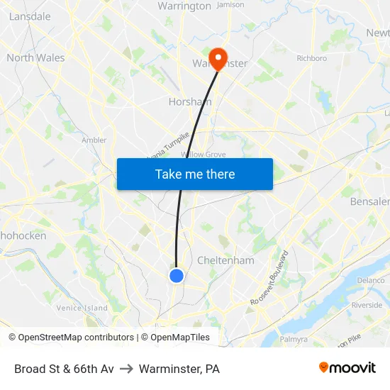 Broad St & 66th Av to Warminster, PA map