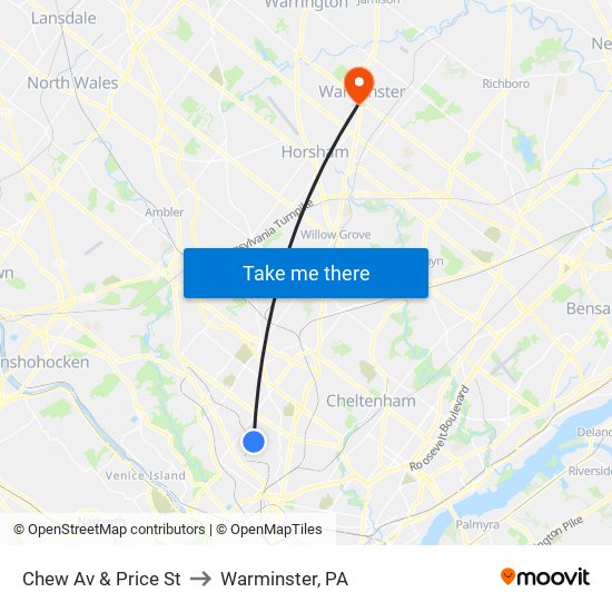 Chew Av & Price St to Warminster, PA map