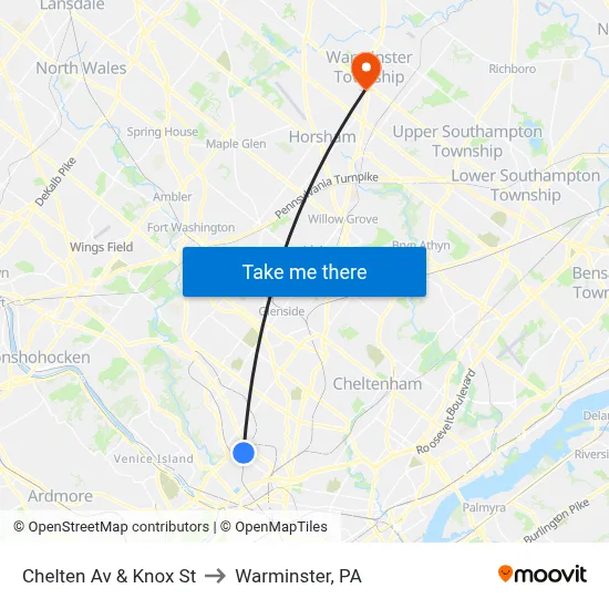Chelten Av & Knox St to Warminster, PA map