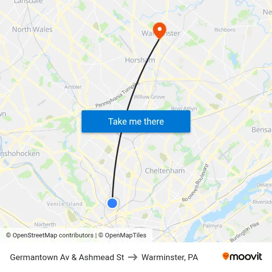 Germantown Av & Ashmead St to Warminster, PA map