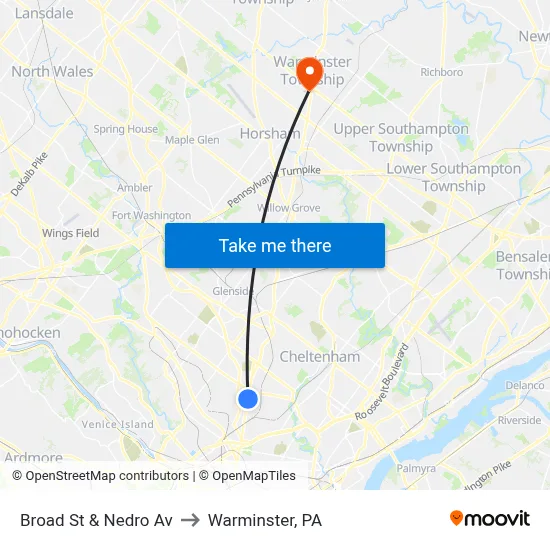 Broad St & Nedro Av to Warminster, PA map