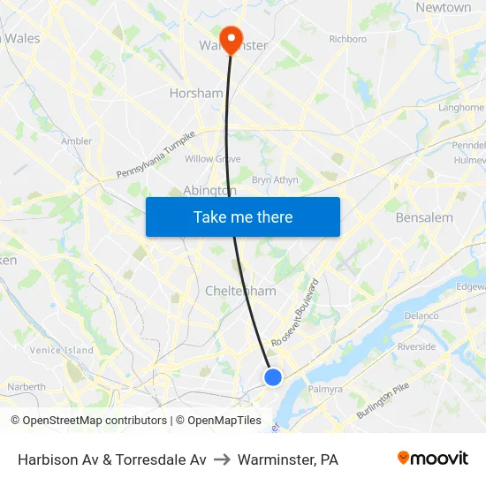 Harbison Av & Torresdale Av to Warminster, PA map