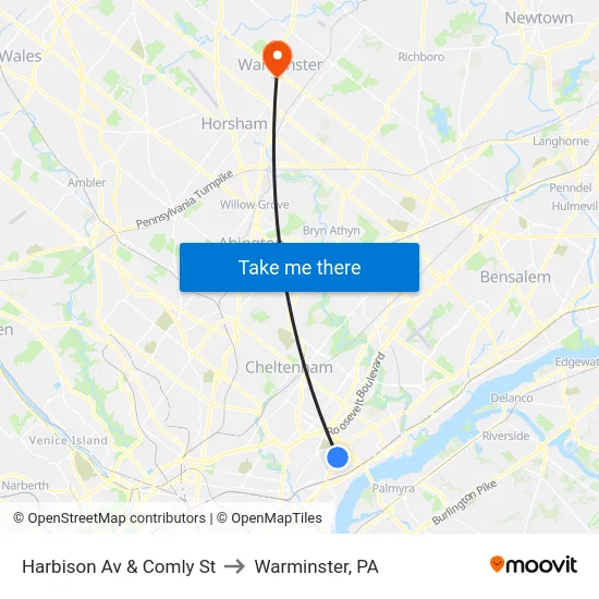 Harbison Av & Comly St to Warminster, PA map