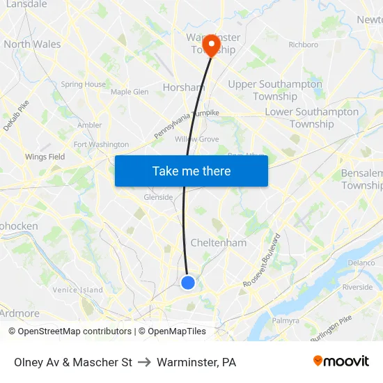 Olney Av & Mascher St to Warminster, PA map