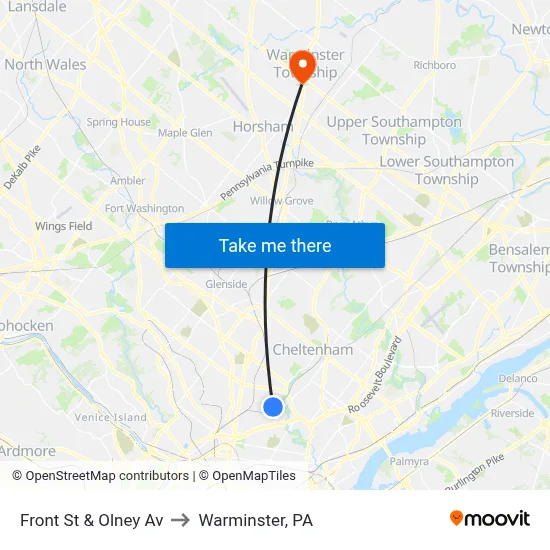 Front St & Olney Av to Warminster, PA map
