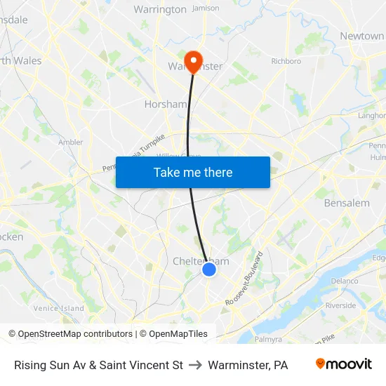 Rising Sun Av & Saint Vincent St to Warminster, PA map