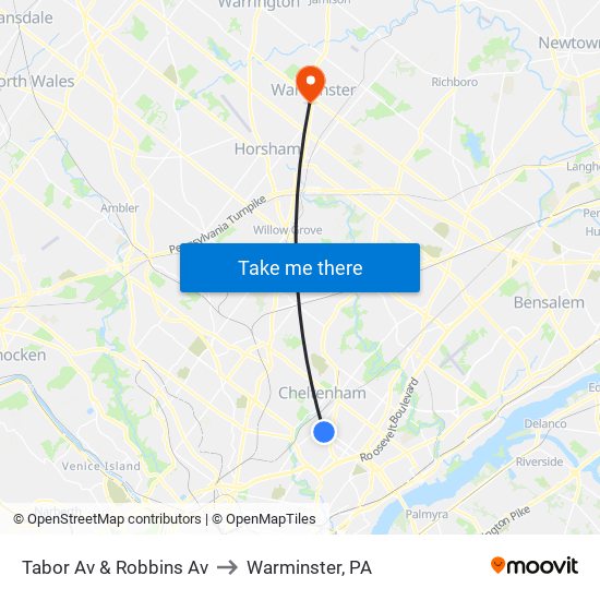 Tabor Av & Robbins Av to Warminster, PA map