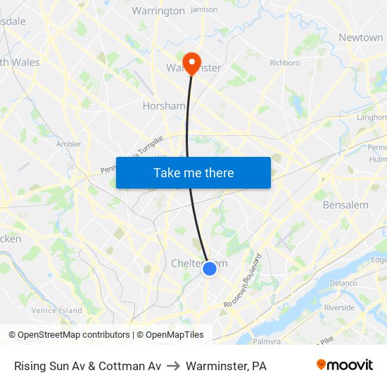 Rising Sun Av & Cottman Av to Warminster, PA map