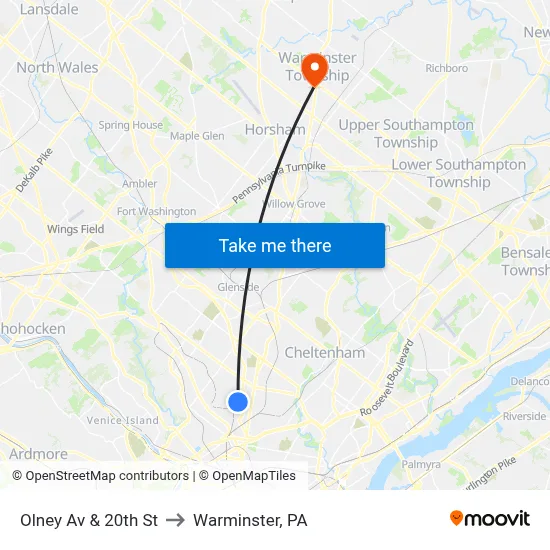 Olney Av & 20th St to Warminster, PA map