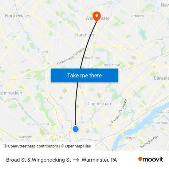 Broad St & Wingohocking St to Warminster, PA map