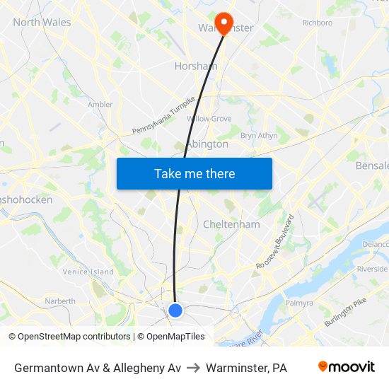 Germantown Av & Allegheny Av to Warminster, PA map