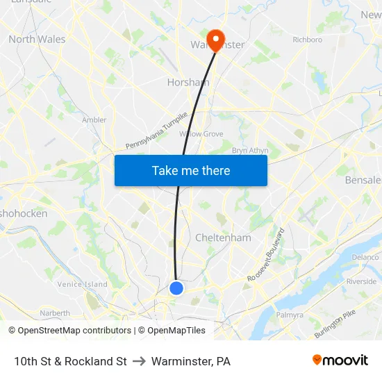 10th St & Rockland St to Warminster, PA map