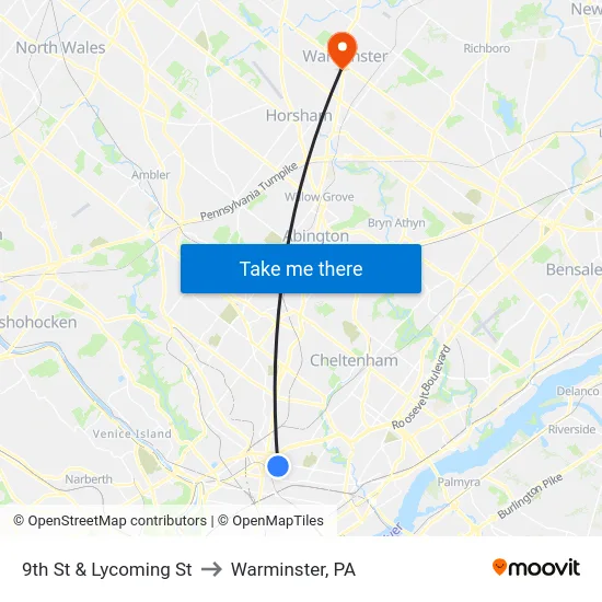 9th St & Lycoming St to Warminster, PA map
