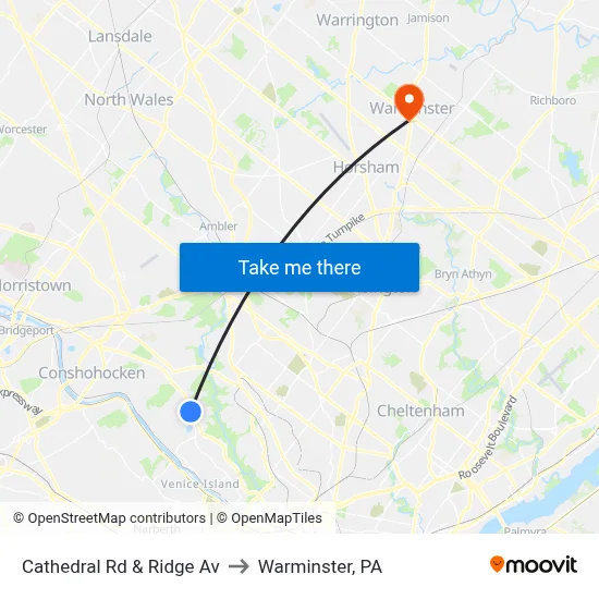 Cathedral Rd & Ridge Av to Warminster, PA map
